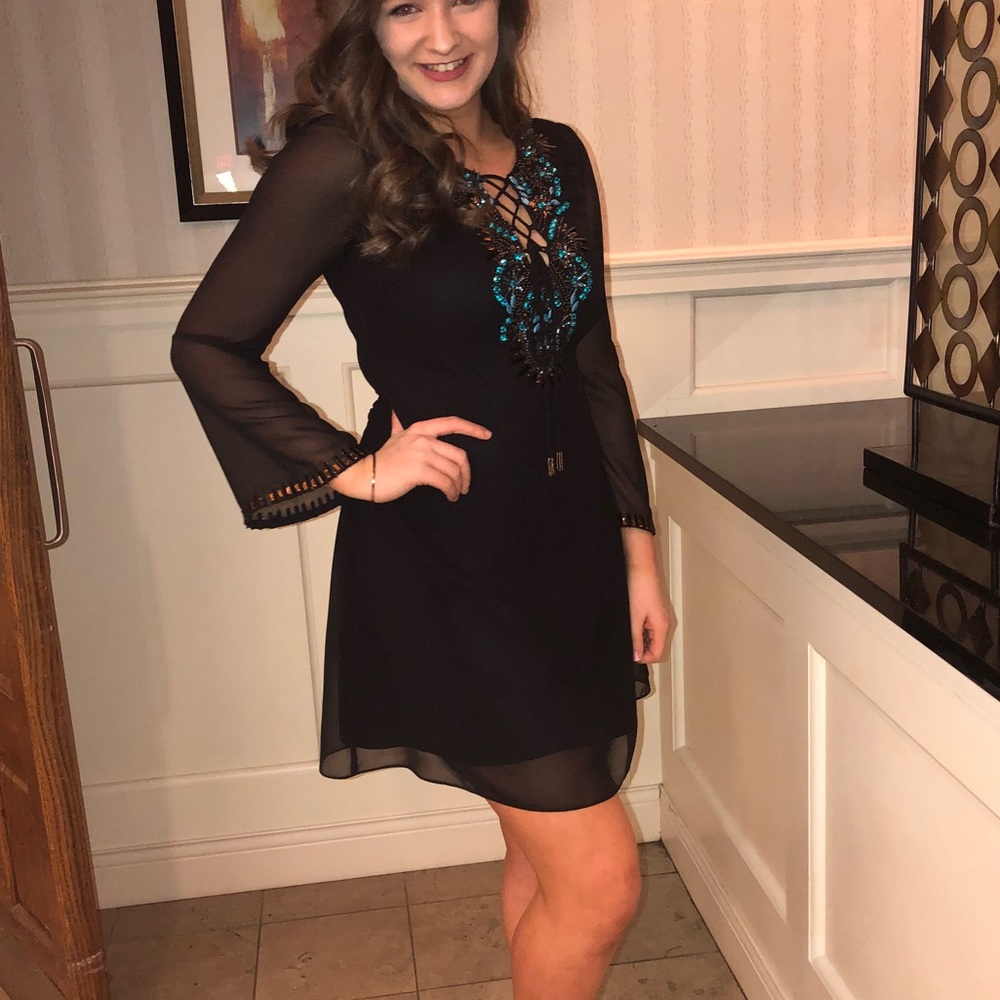 Shail K black long sleeve tie shift dress with blue and gold jewels